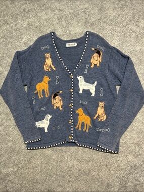 '90s Dog Appliqué V-Neck Cardigan in Denim Blue